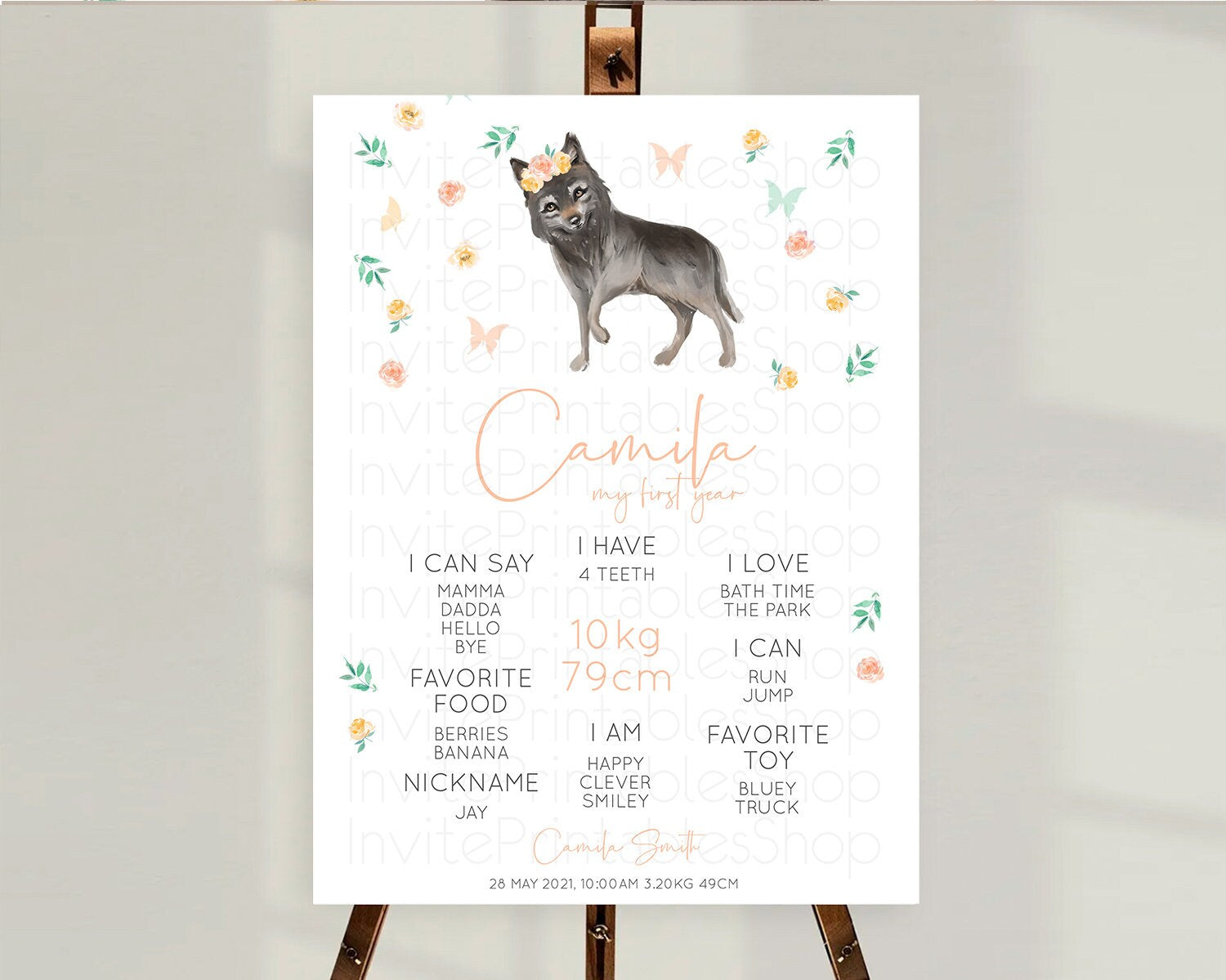 Editable Wolf First Birthday Milestone Poster Wolf Milestone Board Pastel Fl