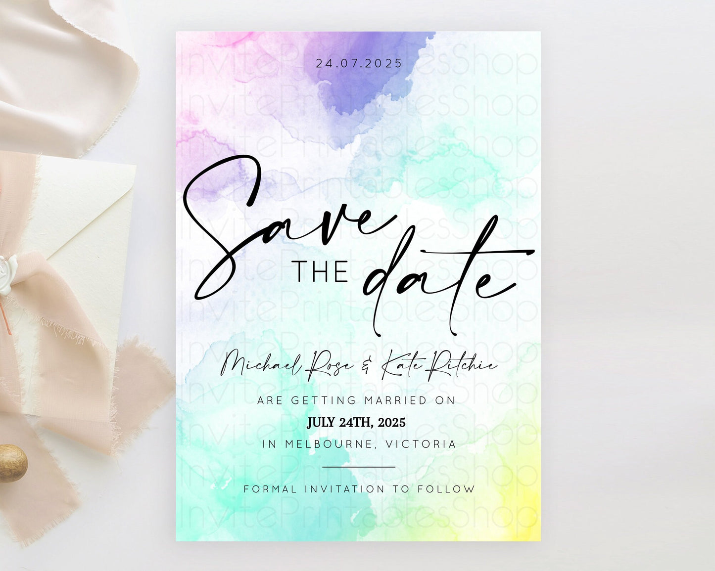 Pastel Save The Date Template Pastel Ombre Rainbow Watercolor Colorful Party For Birthday Baptism Baby Shower Wedding Bridal Shower D10157