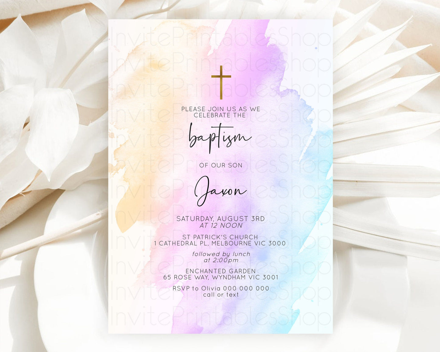 Pastel Baptism Invitation Pastel Colors Watercolor Baptism 1st Birthday Party Gold Ombre Pastel Rainbow Christening Holy Communion D10177