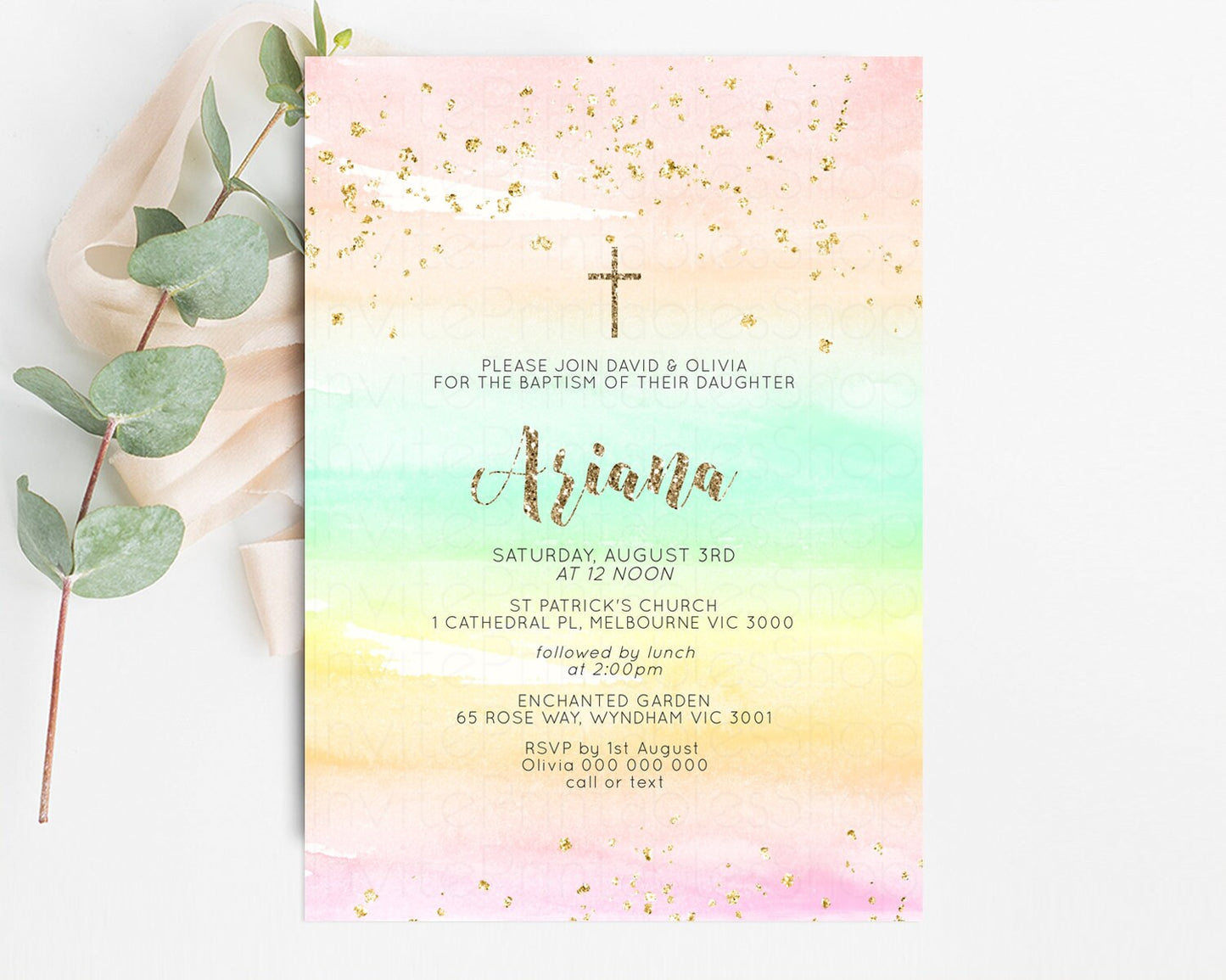 Rainbow Baptism invitation Pastel Orange Christening Invite Ombre Watercolor Invite Colors Yellow Pink Green Glitter Gold Cross Invite G581