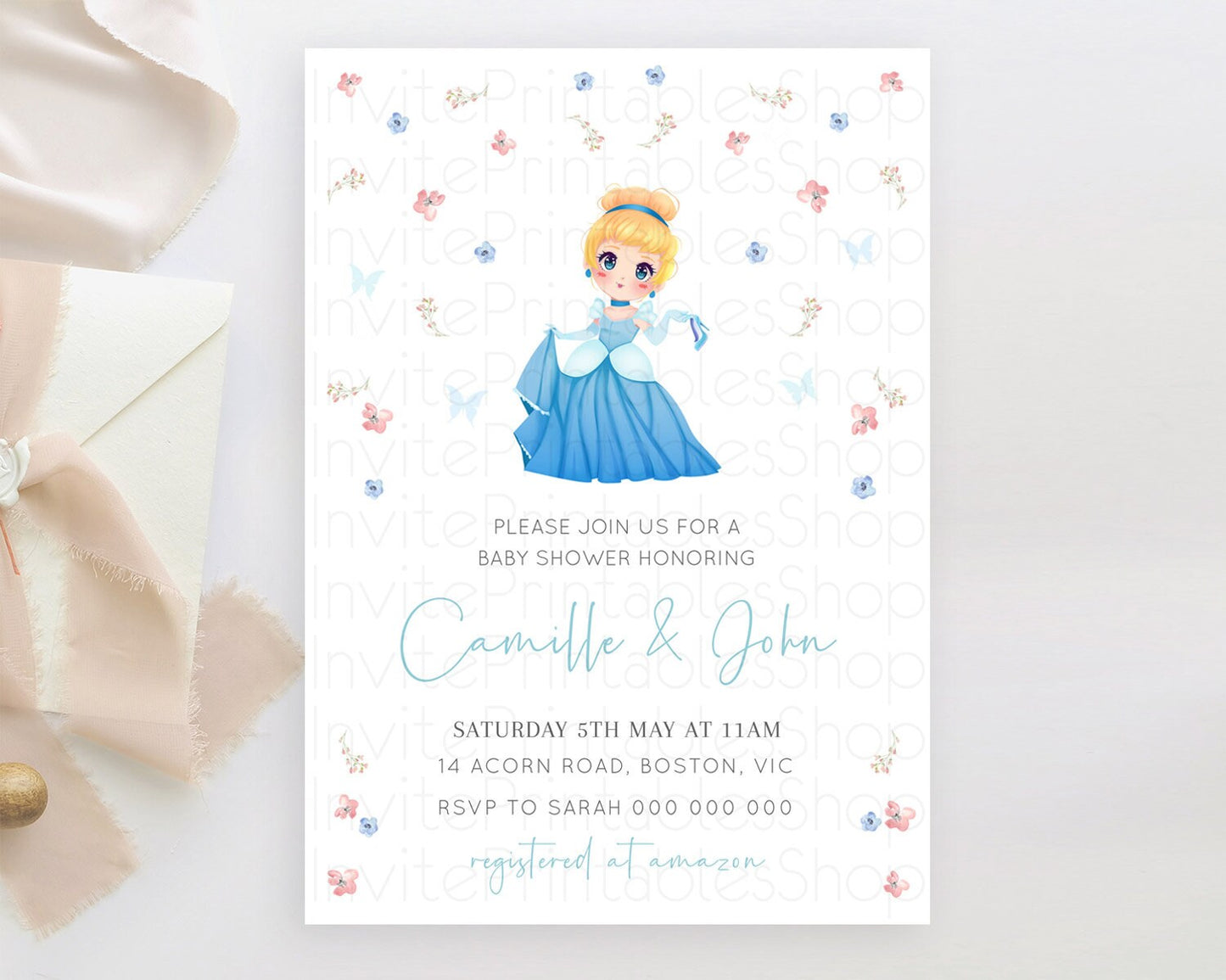 Princess Baby Shower Invitation: Enchanted Castle, Secret Garden, Floral, Royal Baby with Pink and Blue Flowers, Glass Slipper Theme D10354