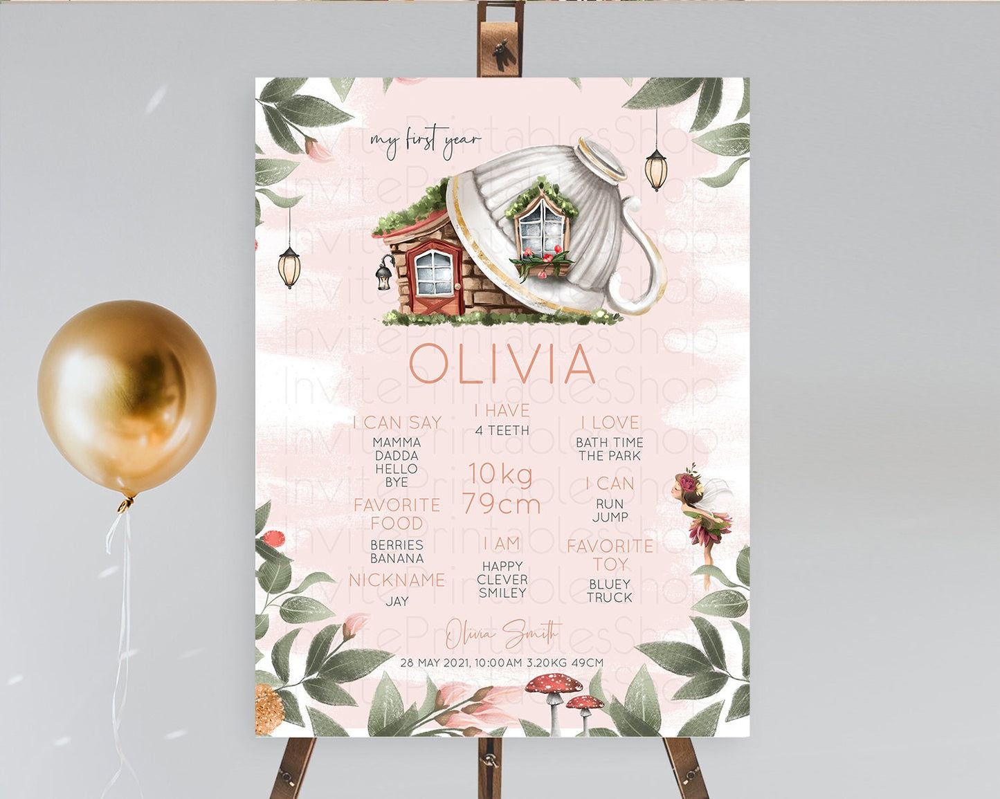 Fairy First Birthday Milestone Poster Fairy Secret Garden Milestone Board Enchanted Garden Pastel Floral Butterfly 1st Birthday Sign D10563