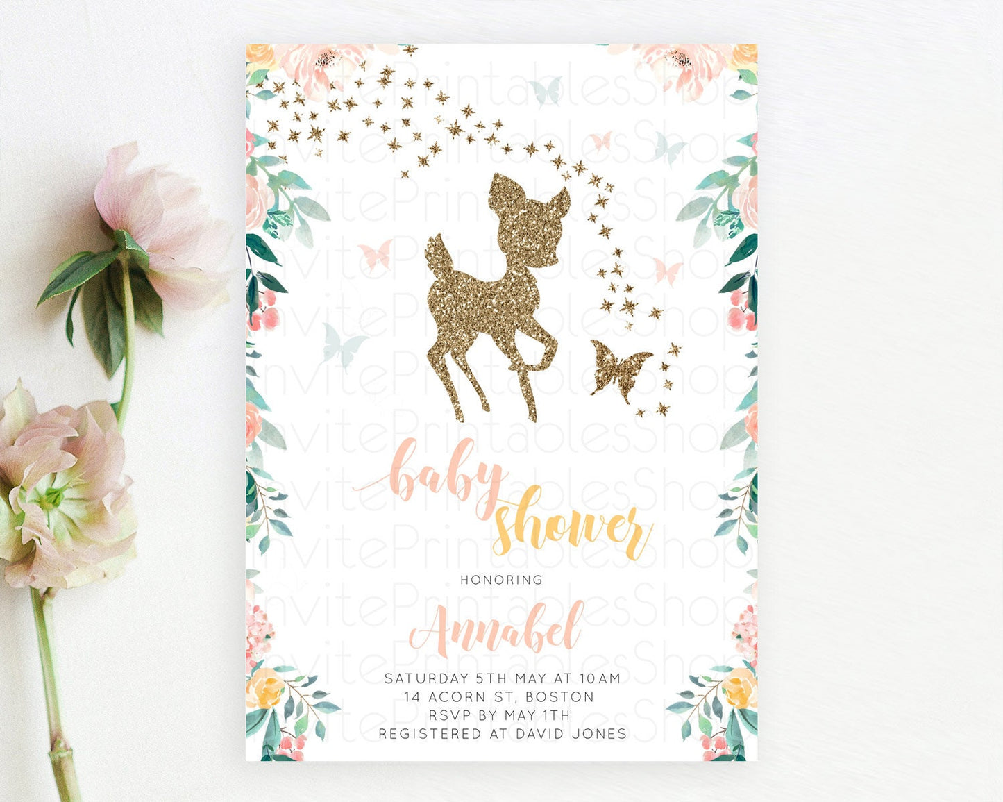 Editable Enchanted Forest Baby Shower Invitation, Whimsical Deer and Butterf