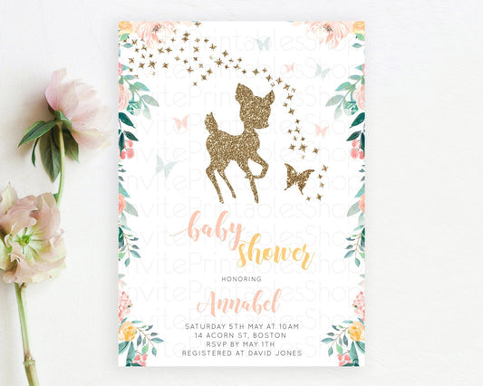 Editable Enchanted Forest Baby Shower Invitation, Whimsical Deer and Butterf