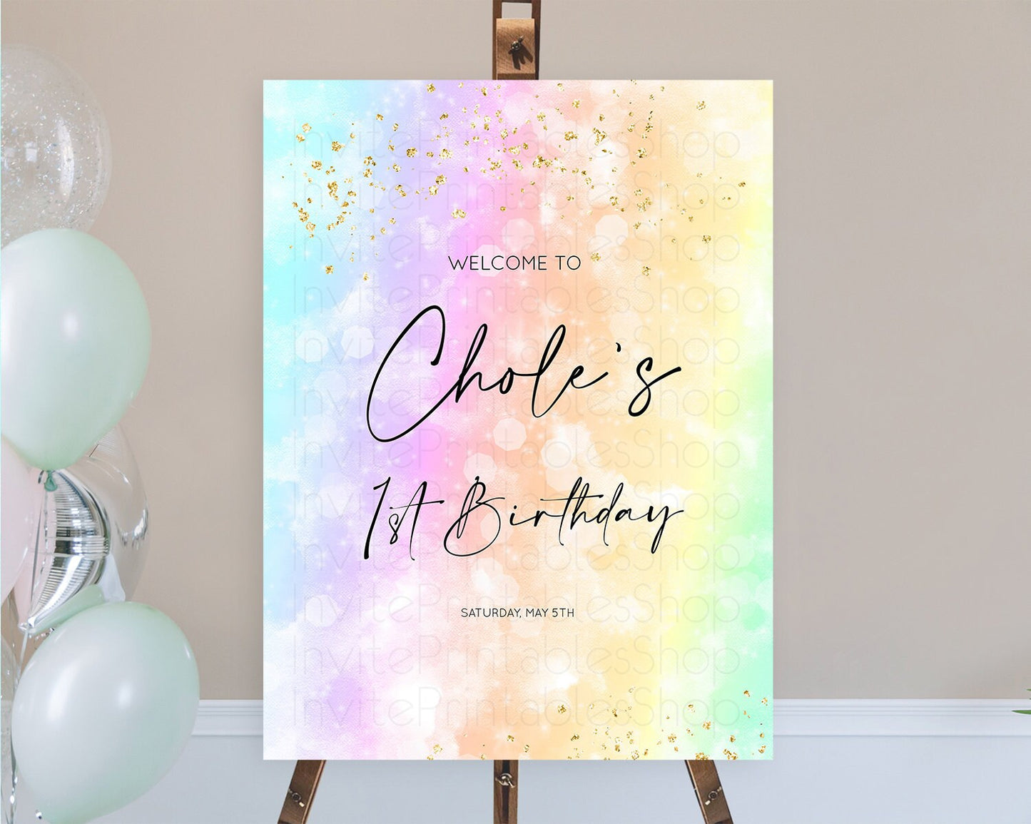 Pastel Welcome Sign Pastel Rainbow Welcome Sign Colorful Rainbow Confetti Watercolor Glitter Pastel First Birthday Welcome Sign D10647