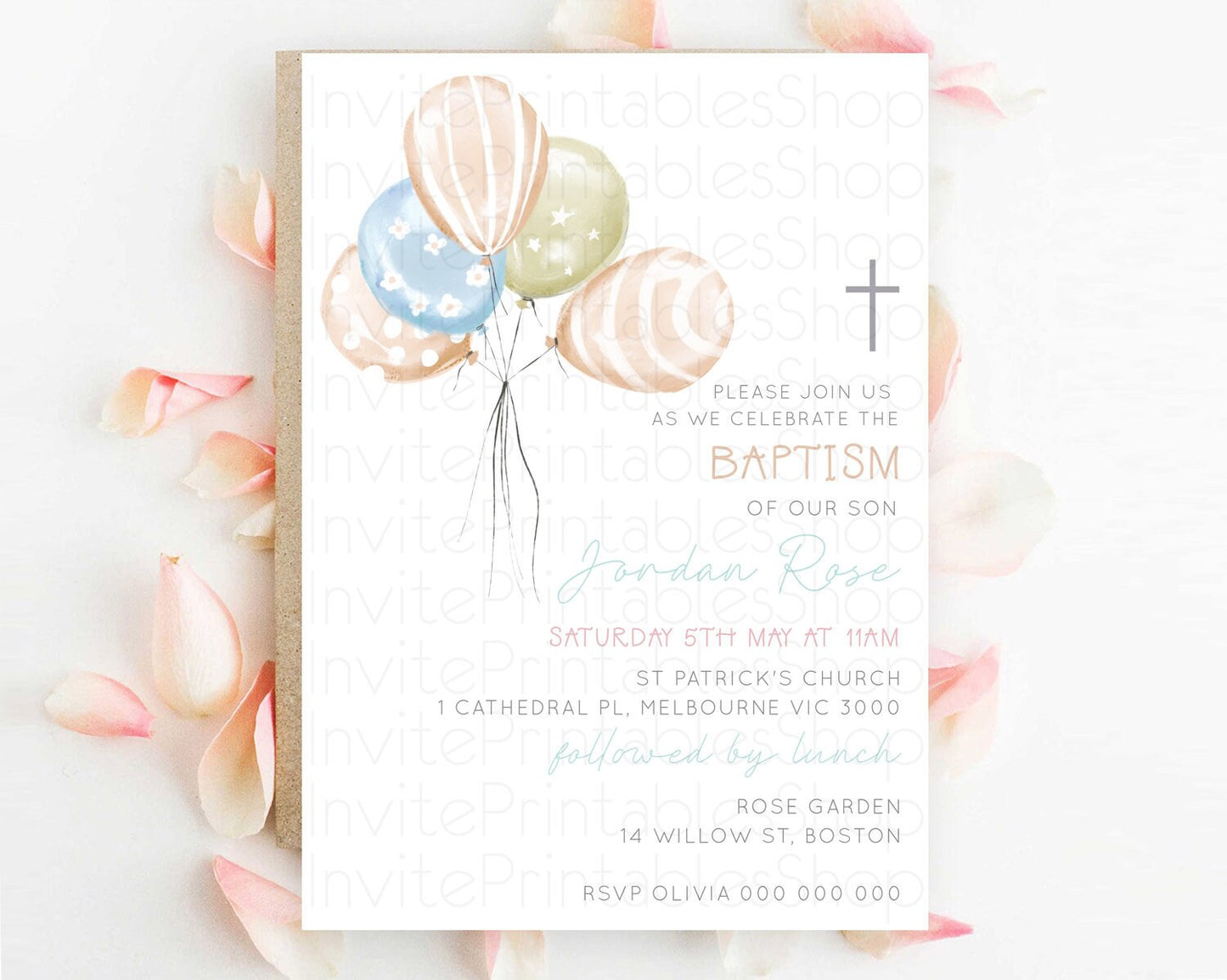 Balloon Baptism Invitation Pastel Baptism 1st Birthday Invitation Pastel Balloon Christening Invite Colorful Rainbow Balloon Invites D22999