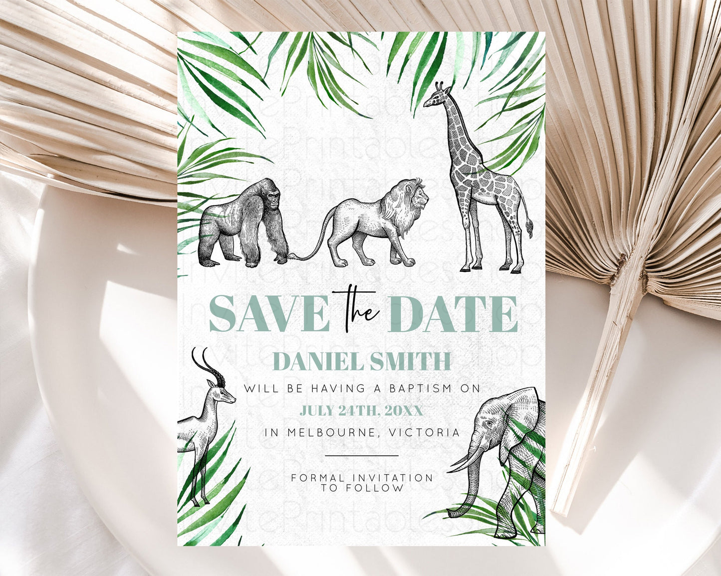 Safari Save The Date Template Lion Gorilla Elephant Rhino Animals Party Tropical Palm Zoo Theme For 1st Birthday Baptism Baby Shower D10853