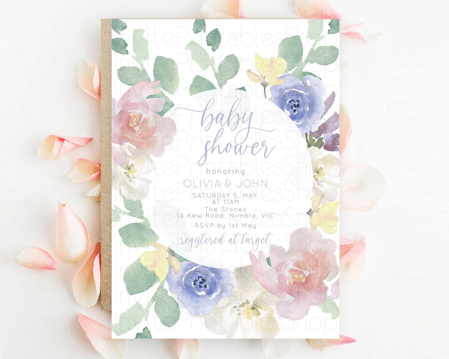 Enchanted Garden Baby Shower Invitation, Wildflower, Blooms, Secret Garden Pastel Pink Blue Flowers, Elegant Floral Botanical Theme D10860