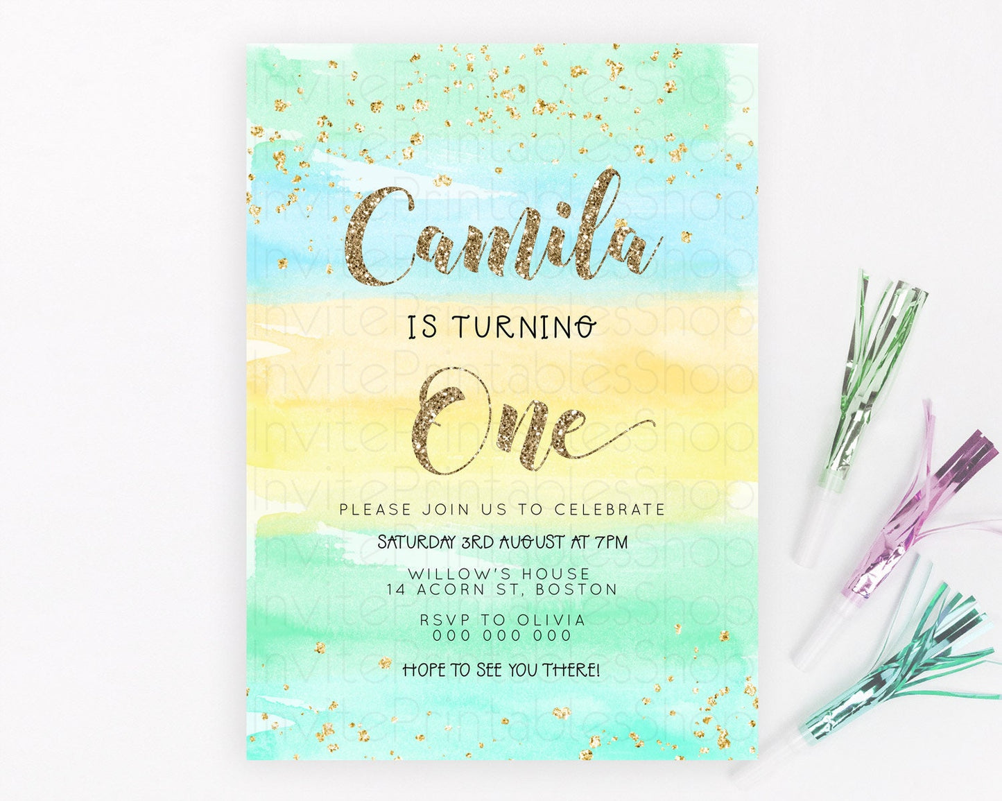 Rainbow Birthday Invitation Colorful Pastel Watercolor Invitation Gold Glitter Sprinkles Ombre Pastel 1st 2nd 3rd Birthday D23269