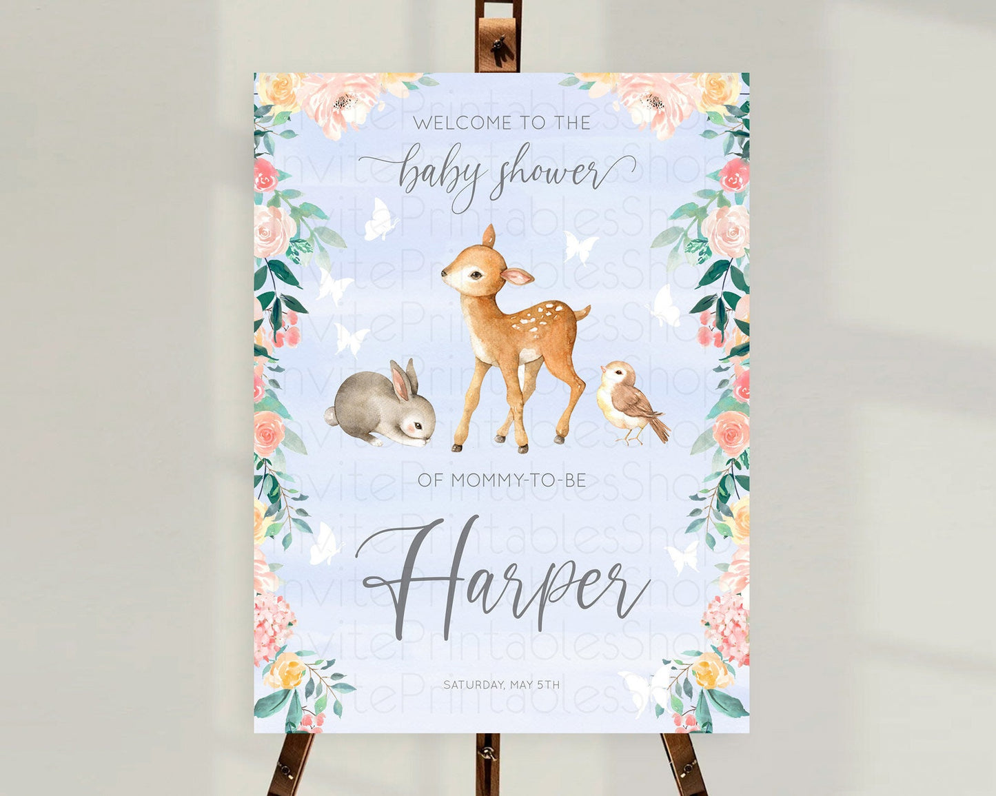 Fawn Baby Shower Welcome Sign Deer Welcome Board Floral Deer Welcome Poster Enchanted Forest Butterfly Pastel Floral Welcome Sign D10920