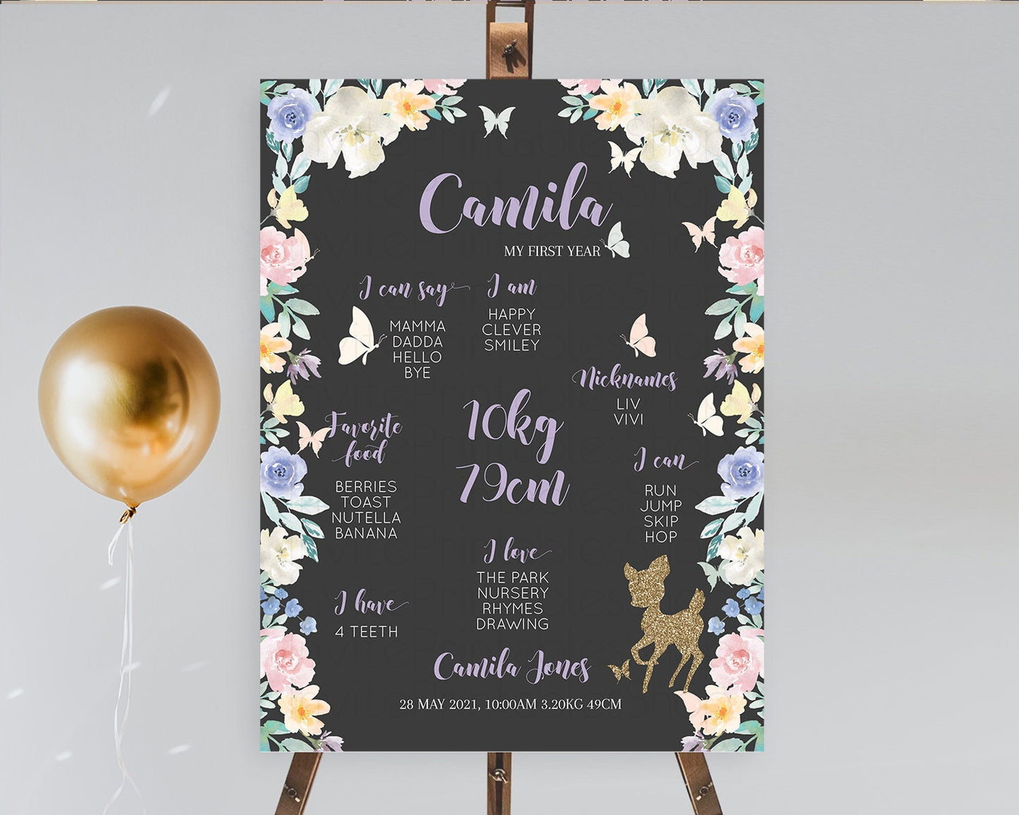 Fawn First Birthday Milestone Board Deer First Birthday Milestone Poster Enchanted Forest Butterfly Pastel Flowers 1st Birthday Sign D10880