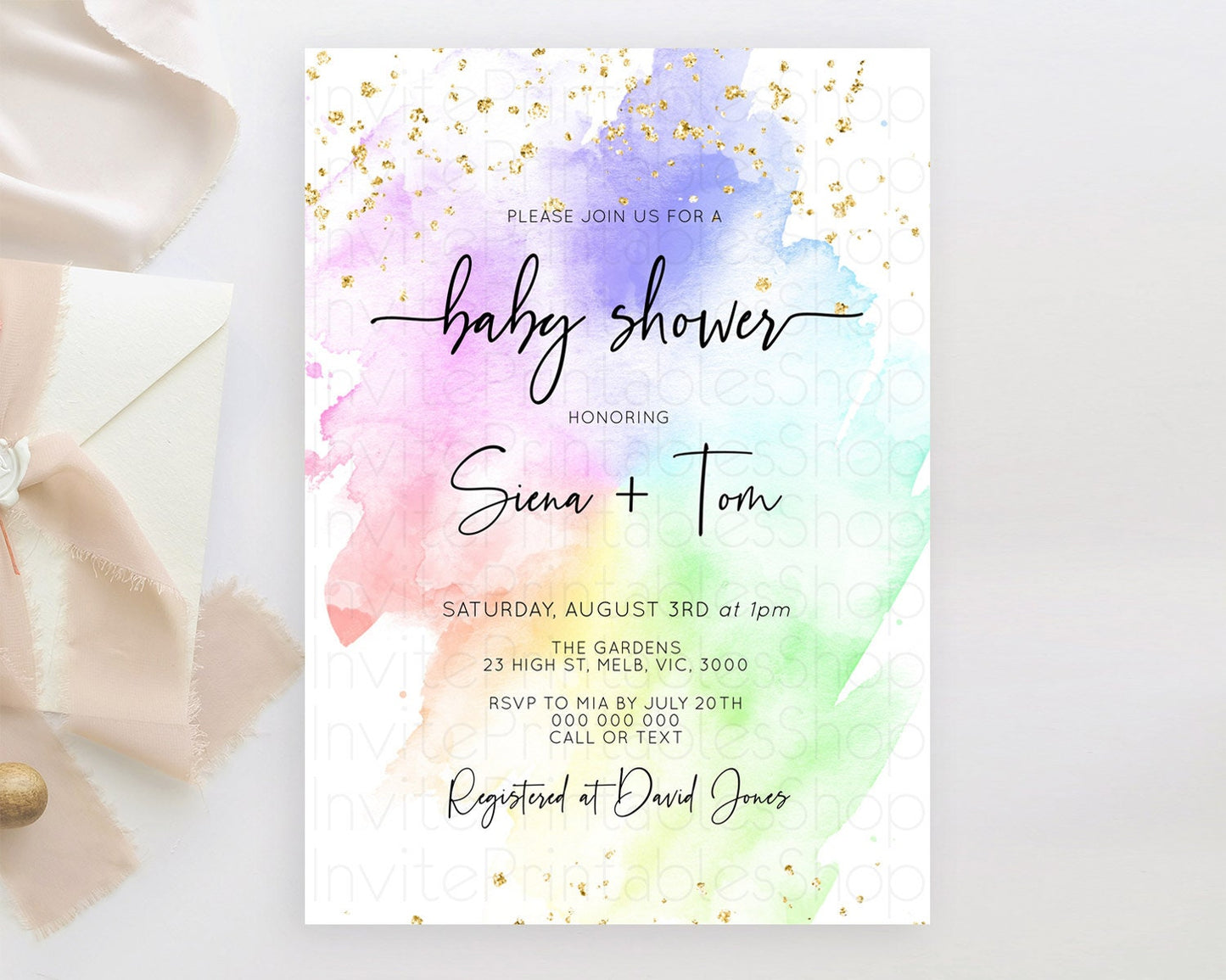 Pastel Baby Shower Invitation Rainbow Baby Shower Invitation Colorful Pastel Watercolor Invitation Gold Glitter Sprinkles Ombre D10316