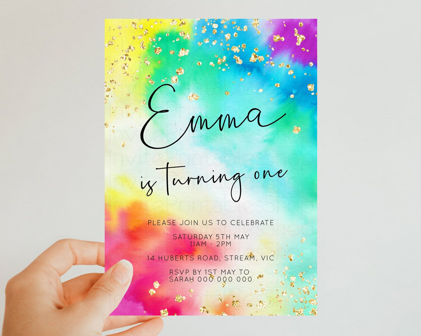 Tie Dye Rainbow Birthday Invitation Colorful Pastel Invite Ombre Watercolor Invite Rainbow Splash Glitter Sprinkle Invite 1st 2nd 3rd 511