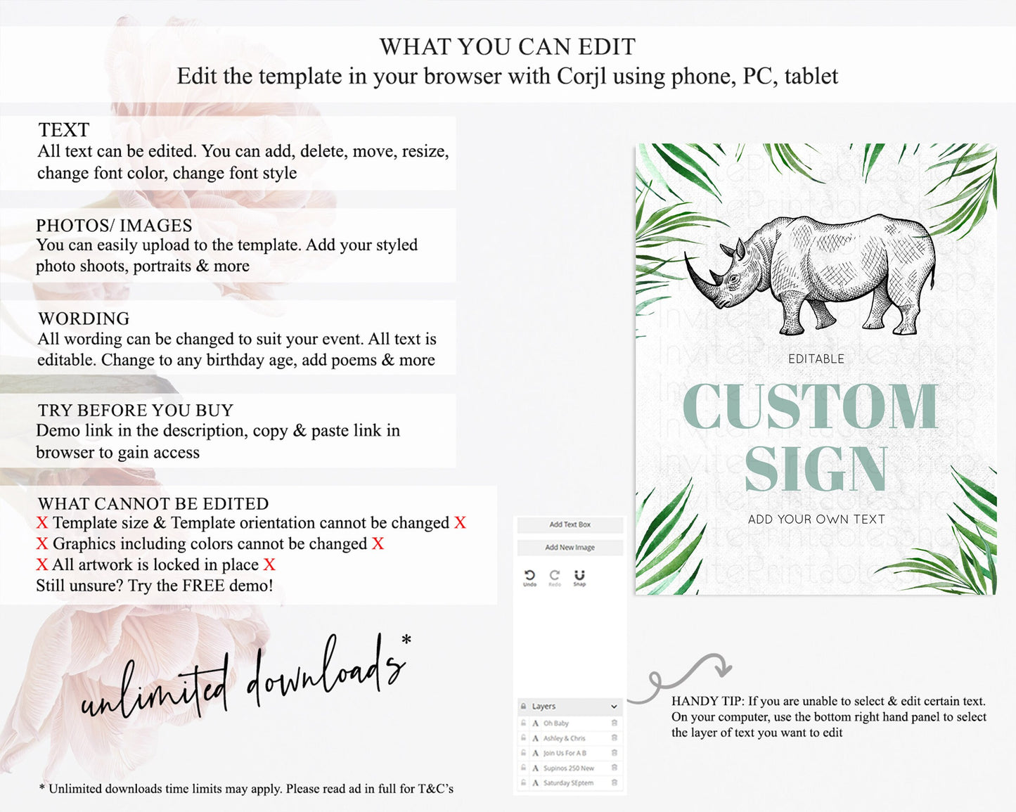 Rhino Sign Safari Table Sign Decor Rhino Party Sign Template Safari Adventure Rhino Minimal Theme 1st Birthday Baptism Baby Shower D10848