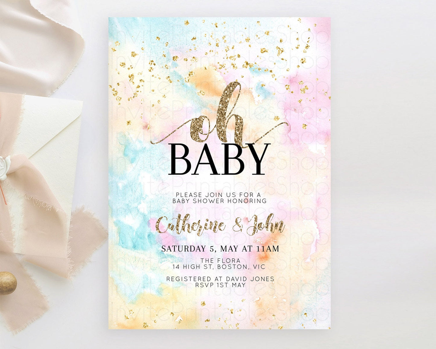 Pastel Baby Shower Invitation Rainbow Baby Shower Invitation Colorful Pastel Watercolor Invitation Gold Glitter Sprinkles Ombre D10548