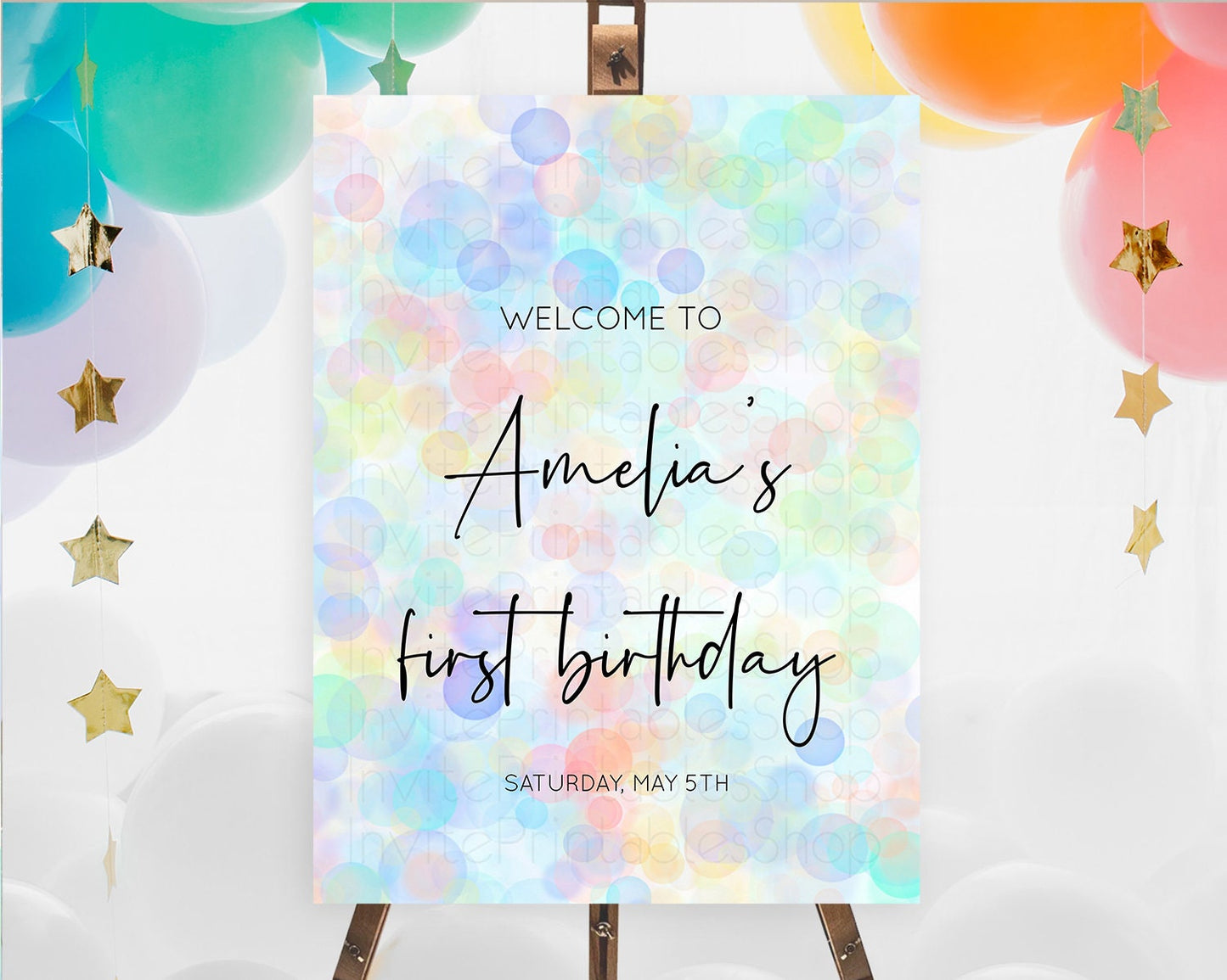 Pastel Welcome Sign Bubble Bath Birthday Party Rainbow Welcome Board Pastel Bubbles Colorful Confetti First Birthday Welcome Sign D10445