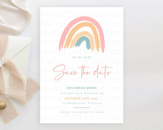 Pastel Rainbow Save The Date Template Boho Colorful Rainbow Party Rainbow Baby Theme For 1st Birthday Baptism Baby Shower Wedding D10351