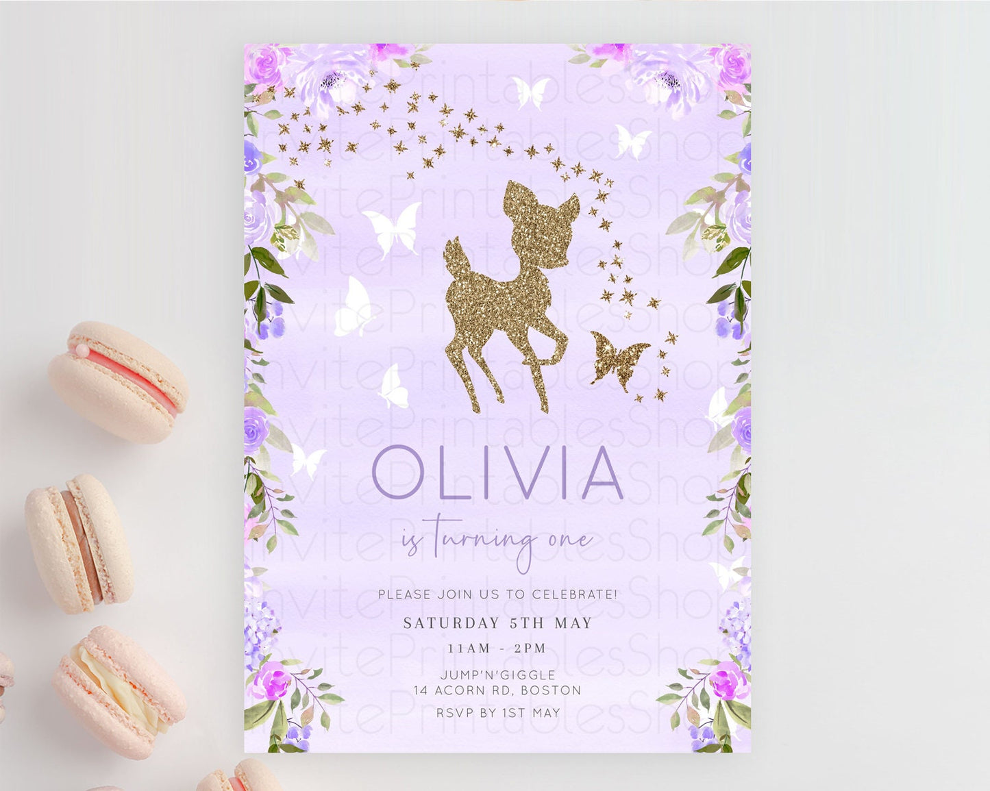 Fawn Birthday Invitation Deer Birthday Invitation Enchanted Forest Party Butterfly Pastel Flowers Whimsical 2nd 1st First Birthday D10963