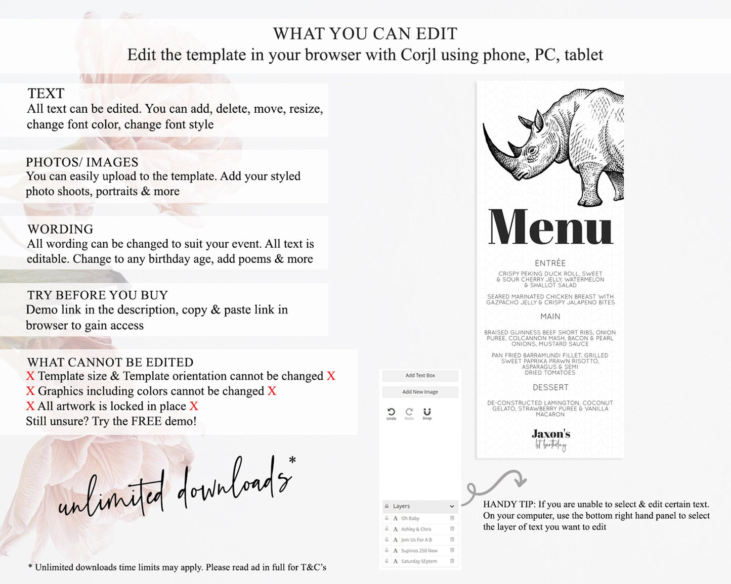 Rhino Menu Rhino Menu Template Rhino Party Table Decor Safari Adventure Decor Rhino Dinner Dessert Menu Rhino Party Food Menu D10253