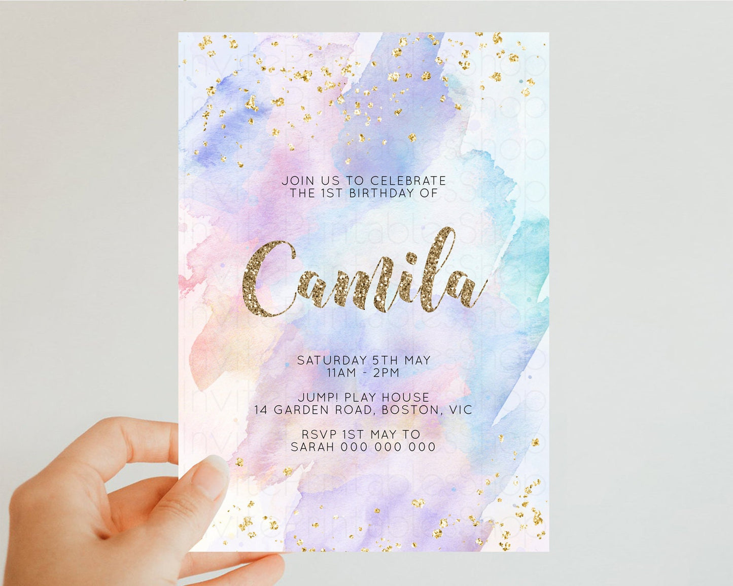Rainbow Birthday Invitation Pastel Birthday Invitation Ombre Rainbow Invite Colorful Watercolor Invite Glitter Sprinkle Invitation g576