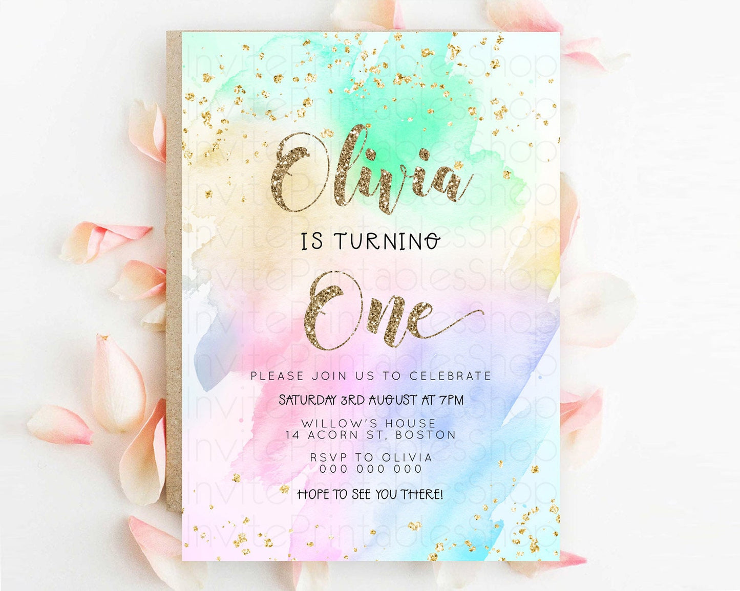Rainbow Birthday Invitation Colorful Pastel Watercolor Invitation Gold Glitter Sprinkles Ombre Pastel 1st 2nd 3rd Birthday D23306