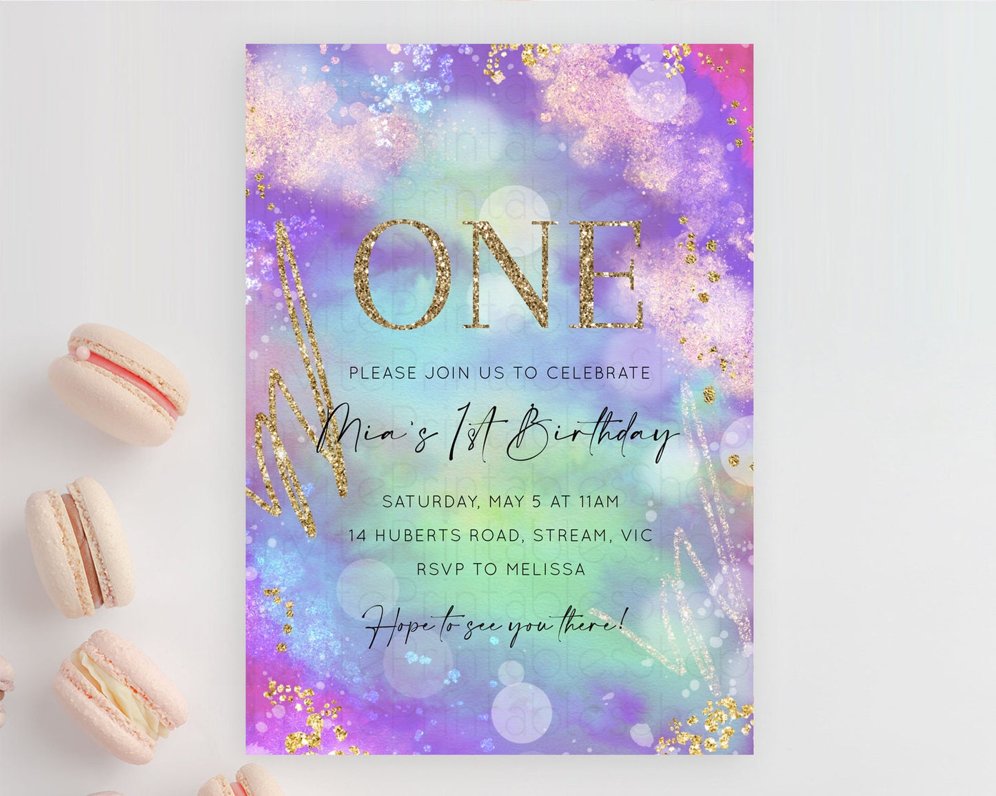 Rainbow Birthday Invitation Colorful Pastel Watercolor Invitation Gold Glitter Sprinkles Ombre Pastel 1st 2nd 3rd Birthday D10680
