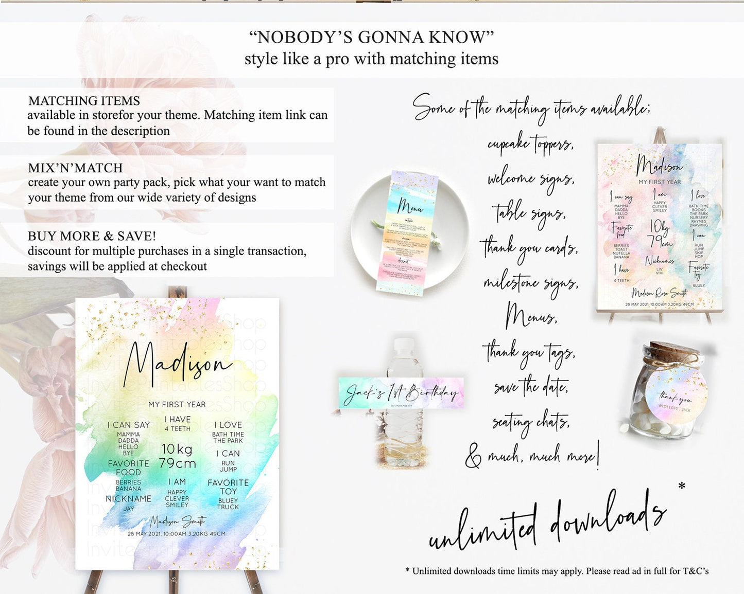 Pastel First Birthday Milestone Board Pastel Rainbow Milestone Poster Colorful Confetti Watercolor Glitter 1st Birthday Welcome Sign D10279