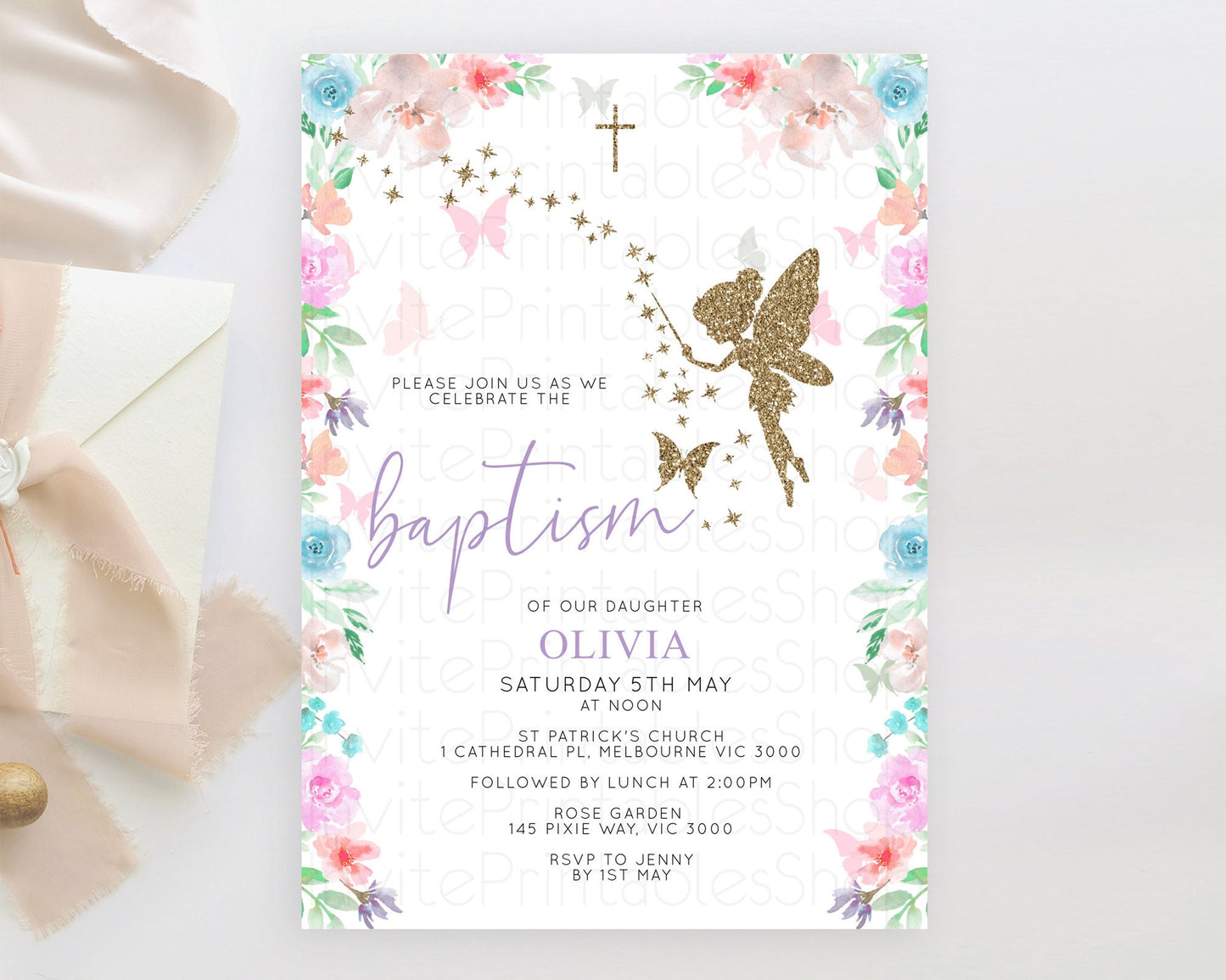 Fairy Baptism Invitation Fairy Baptism 1st Birthday Invitation Enchanted Secret Garden Christening Invite Pastel Floral Butterfly D10126