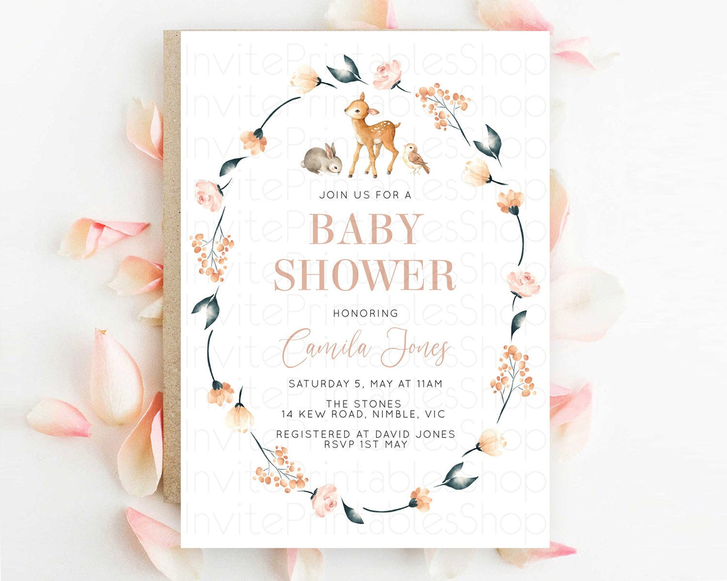 Fawn Baby Shower Invitation, Enchanted Forest, Deer, Bunny, Woodland, Pastel Flowers, Floral Crown, Organic Orange Pink Green Tone D10241