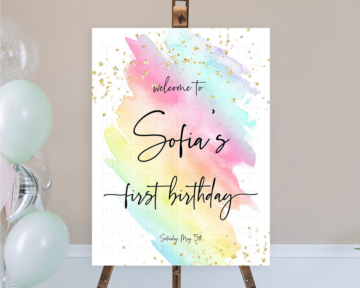 Pastel Welcome Sign Pastel Rainbow Welcome Sign Colorful Rainbow Confetti Watercolor Glitter Pastel First Birthday Welcome Sign D10495