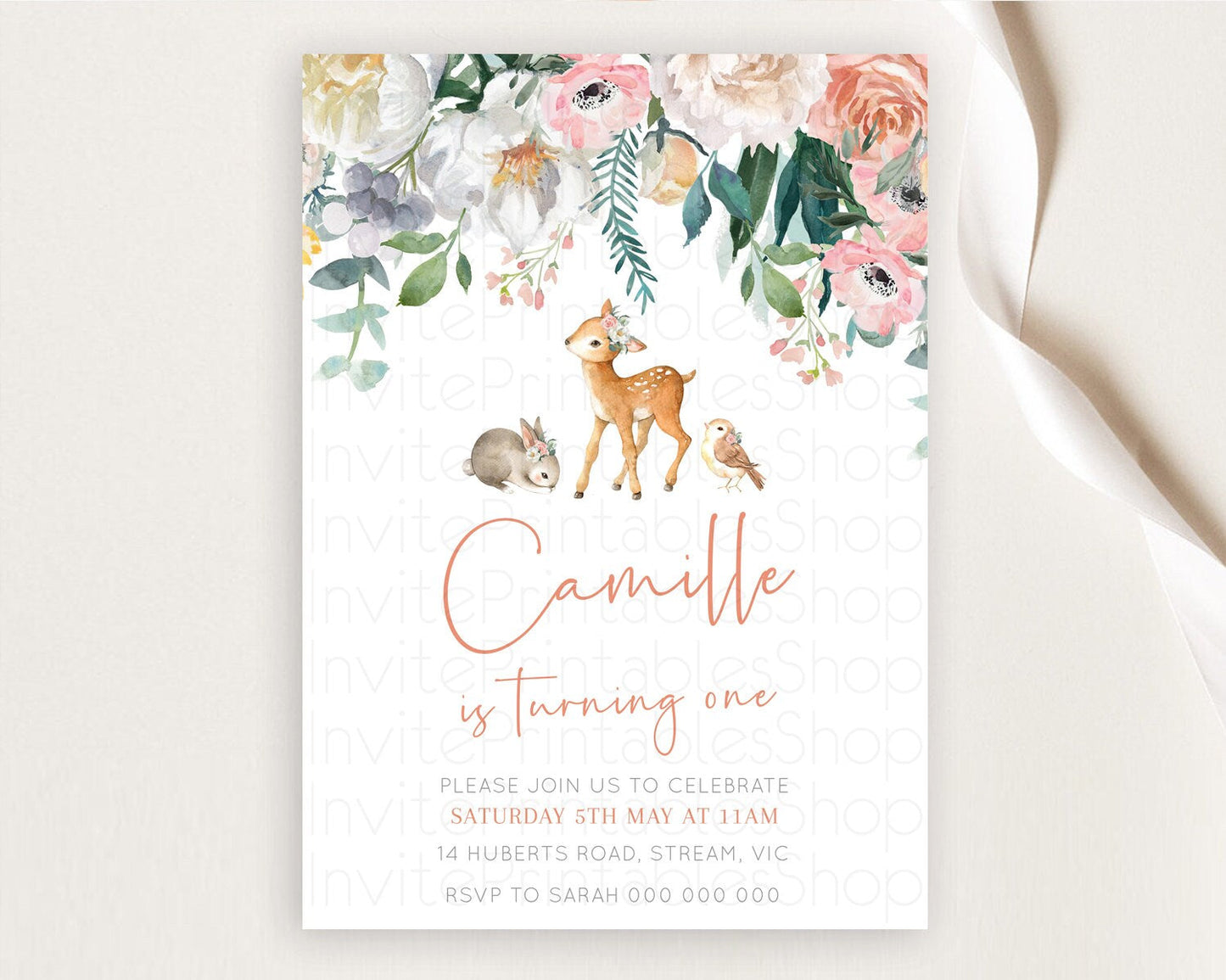 Fawn Birthday Invitation Deer Birthday Invitation Enchanted Forest Party Butterfly Pastel Flowers Whimsical 2nd 1st First Birthday D10733