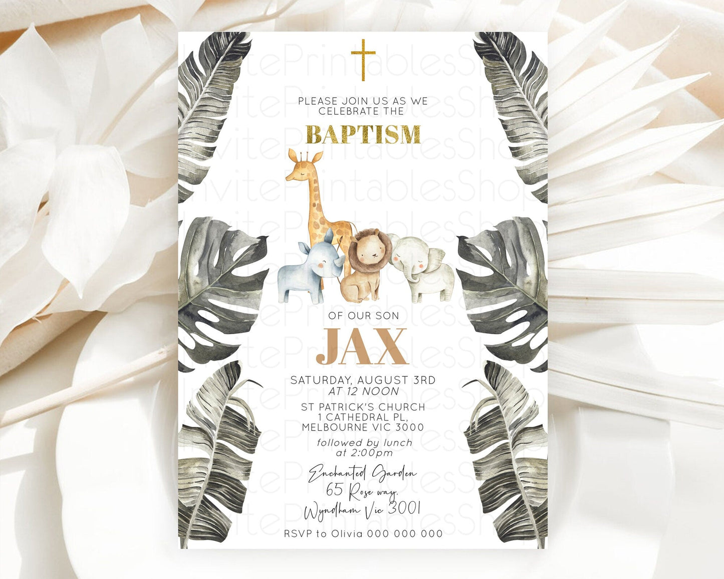 Safari Baptism Invitation Safari Adventure Baptism Birthday Invitation Lion Gorilla Elephant Rhino Tropical Palm Jungle Adventure D10599