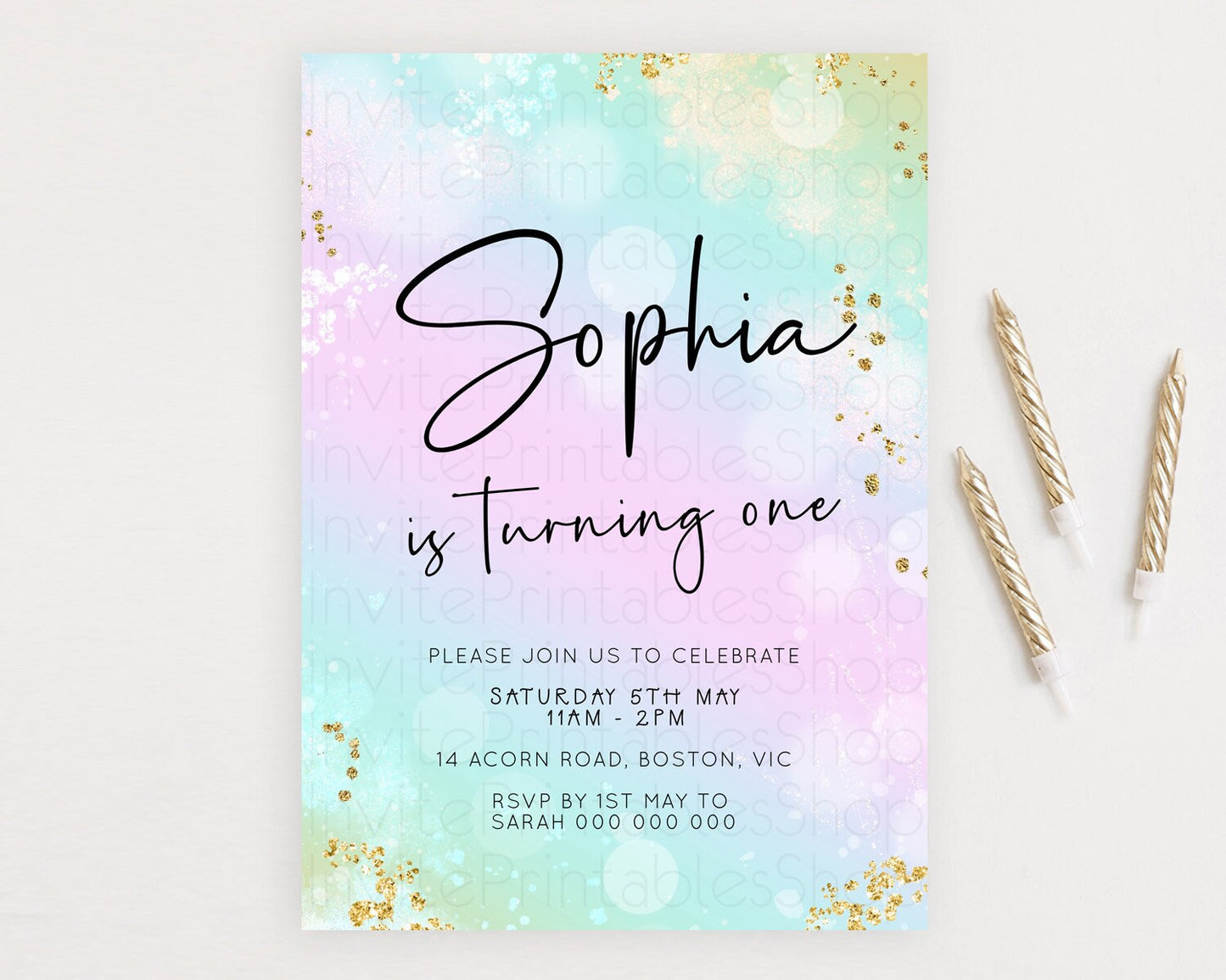 Pastel Birthday Invitation Ombre Watercolor Birthday Invitation Glitter Rainbow Color Splash 1st 2nd 3rd Birthday Invitation D23108