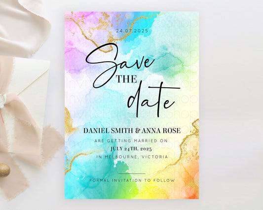 Editable Pastel Save The Date Template Pastel Ombre Rainbow Watercolor Color