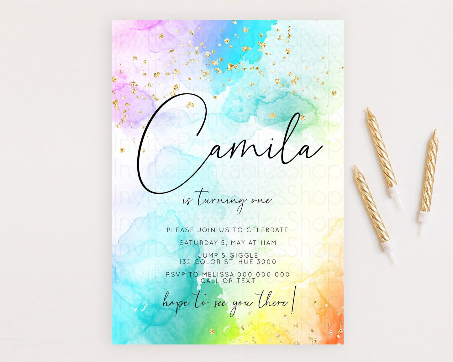 Rainbow Birthday Invitation Colorful Pastel Watercolor Invitation Gold Glitter Sprinkles Ombre Pastel 1st 2nd 3rd Birthday D10771