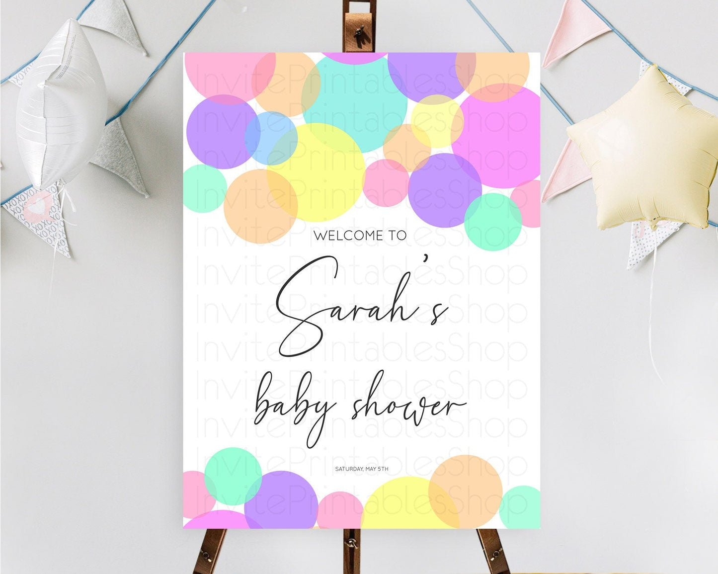 Rainbow Baby Shower Welcome Sign Pastel Welcome Board Pastel Rainbow Confetti Welcome Sign Colorful Bubbles Pastel Welcome Sign D10888