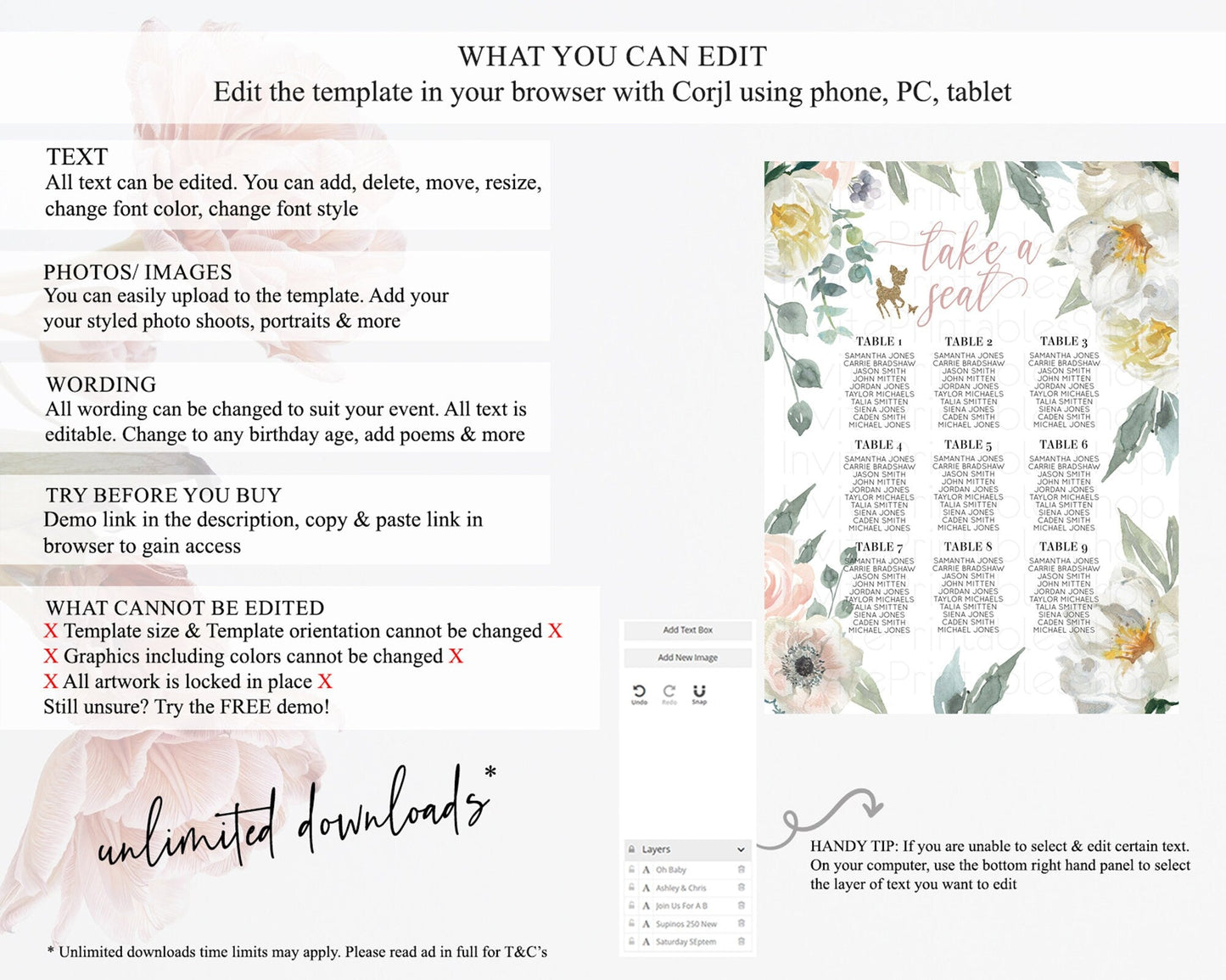 Fawn Seating Chart Deer Seating Chart Enchanted Forest Party Butterfly Pastel Flowers Whimsical Seating Chart Woodland Seating Sign D10120