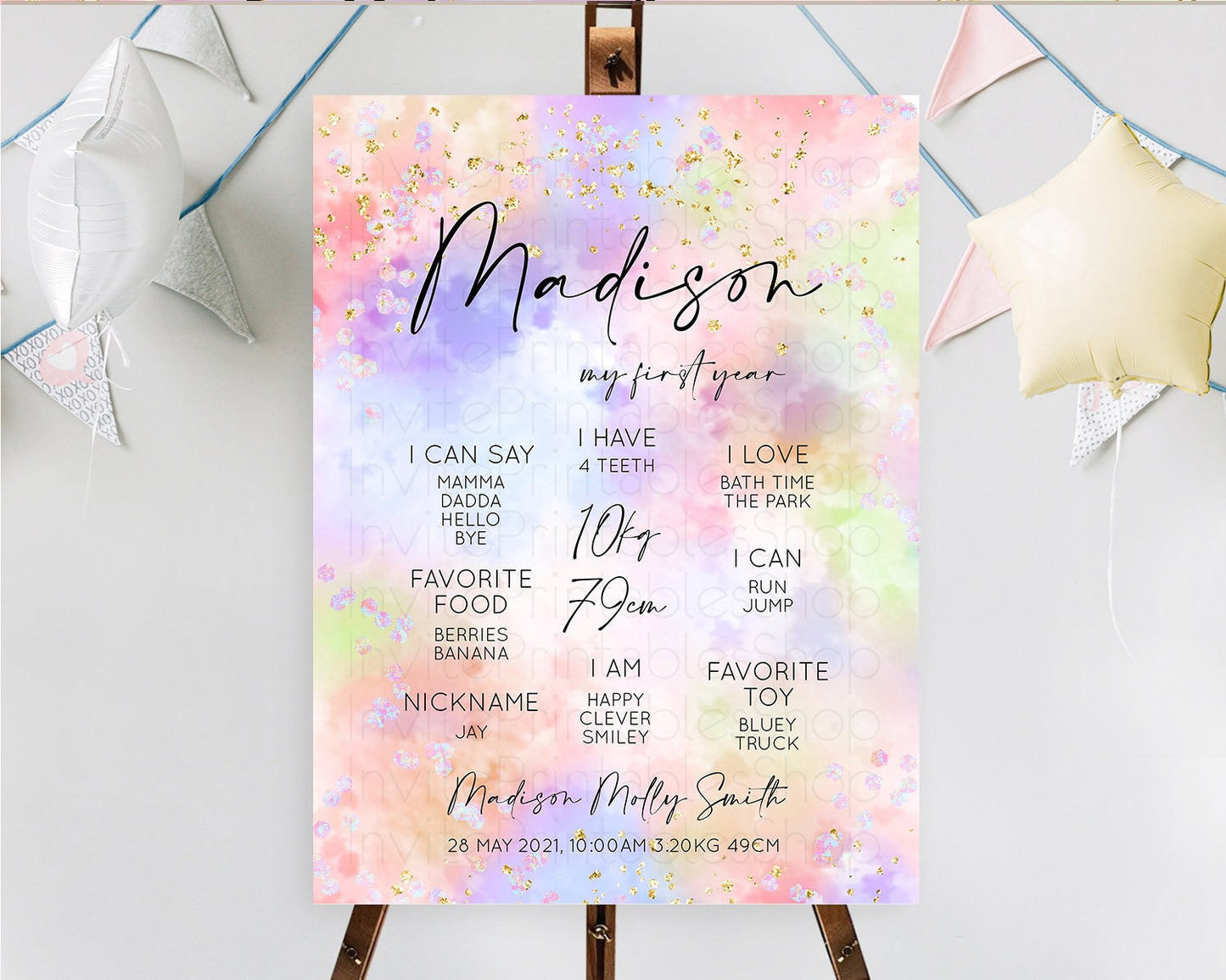 Pastel First Birthday Milestone Board Pastel Rainbow Milestone Poster Colorful Confetti Watercolor Glitter 1st Birthday Welcome Sign D10610