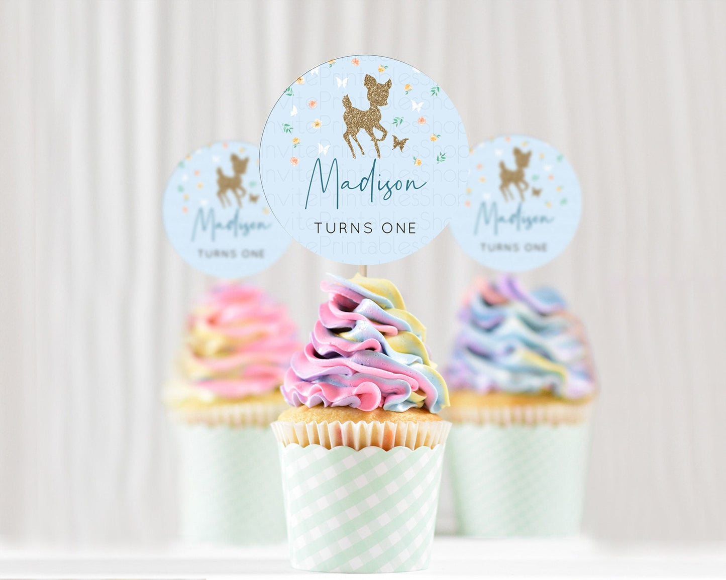 Fawn Cupcake Toppers Deer Cupcake Toppers Enchanted Forest Party Butterfly Pastel Flowers Woofland Cupcake Toppers First Birthday D10902