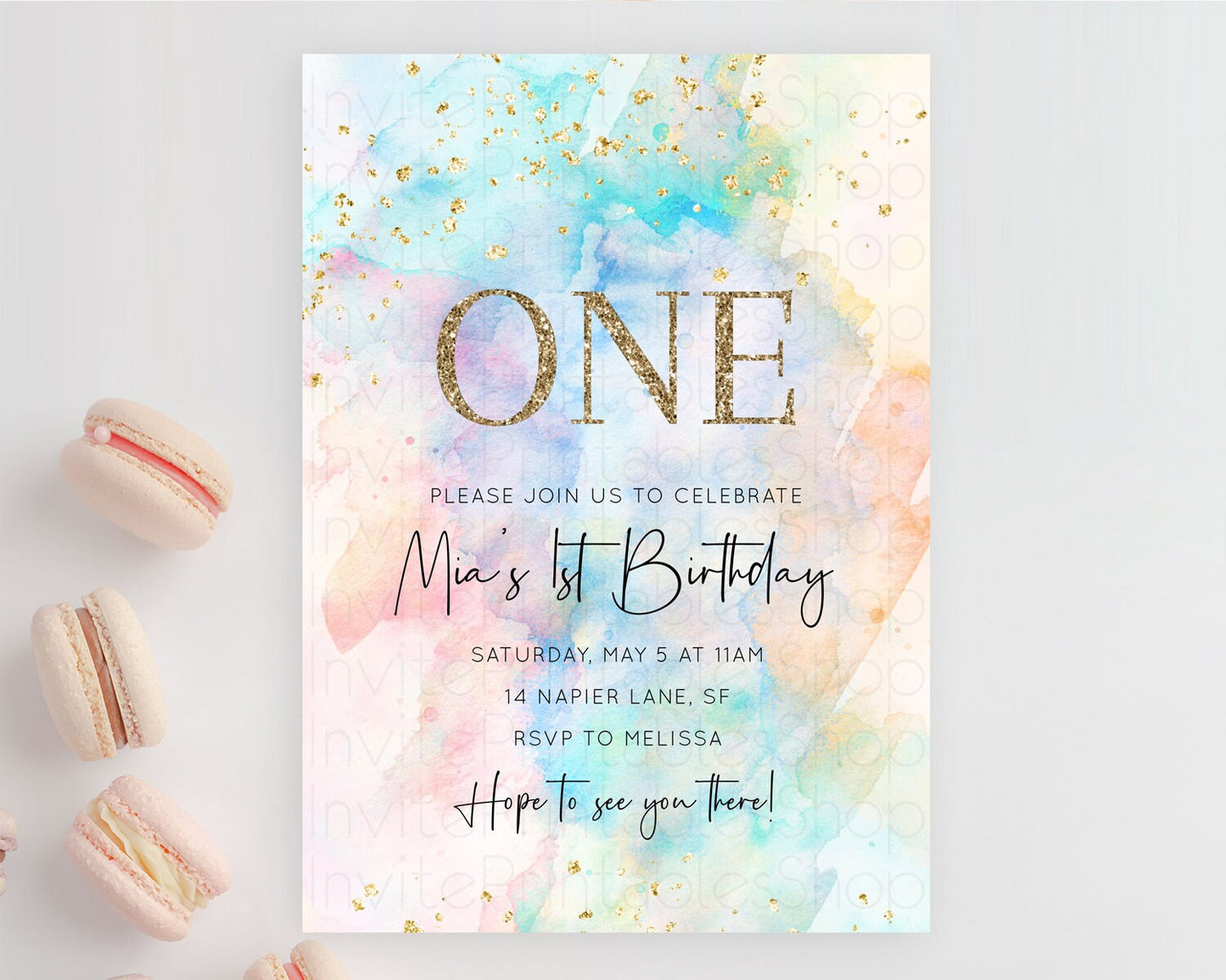 Rainbow Birthday Invitation Colorful Pastel Watercolor Invitation Gold Glitter Sprinkles Ombre Pastel 1st 2nd 3rd Birthday D10266