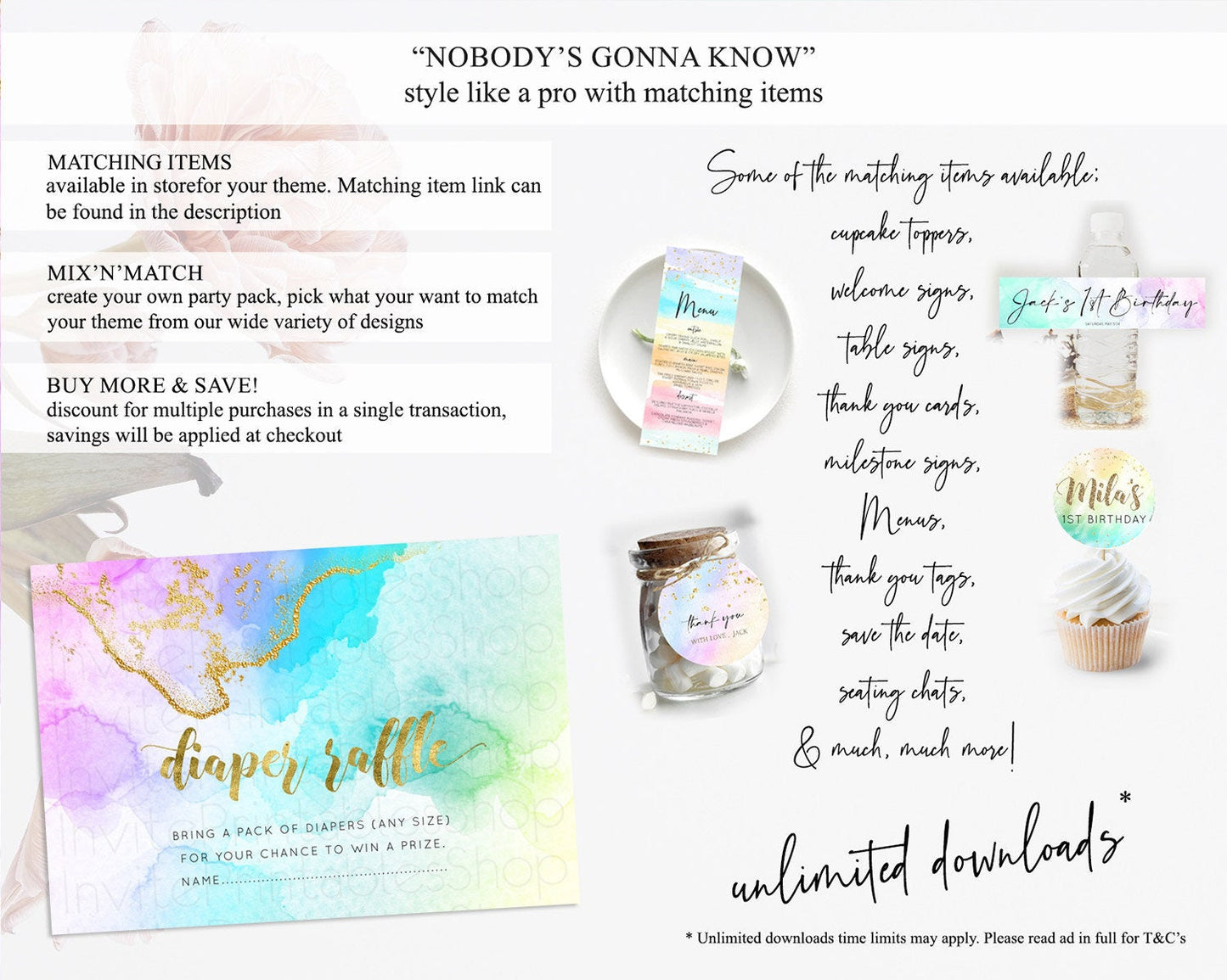 Pastel Diaper Raffle Card Pastel Rainbow Diaper Raffle Insert Colorful Ombre Watercolor Diaper Ticket Confetti Glitter Raffle Game D10392