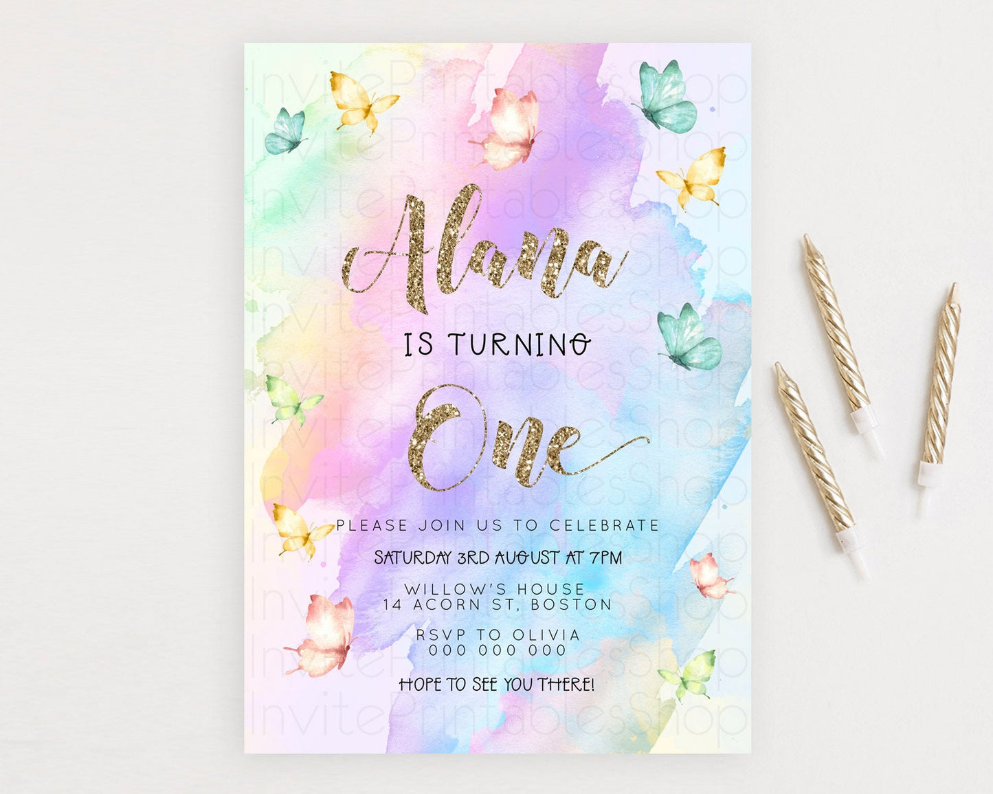 Pastel Butterfly Birthday Invitation Butterfly Birthday Invitation Colorful Splash Glitter Butterfly Garden 1st 2nd Birthday D23248