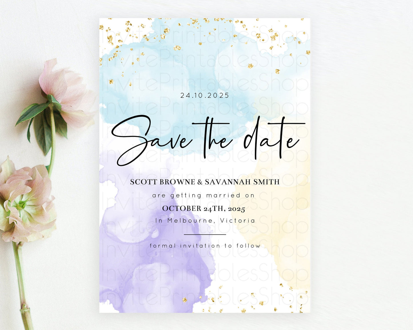 Editable Pastel Save The Date Template Pastel Ombre Rainbow Watercolor Color