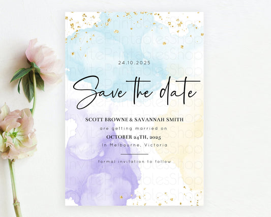 Editable Pastel Save The Date Template Pastel Ombre Rainbow Watercolor Color