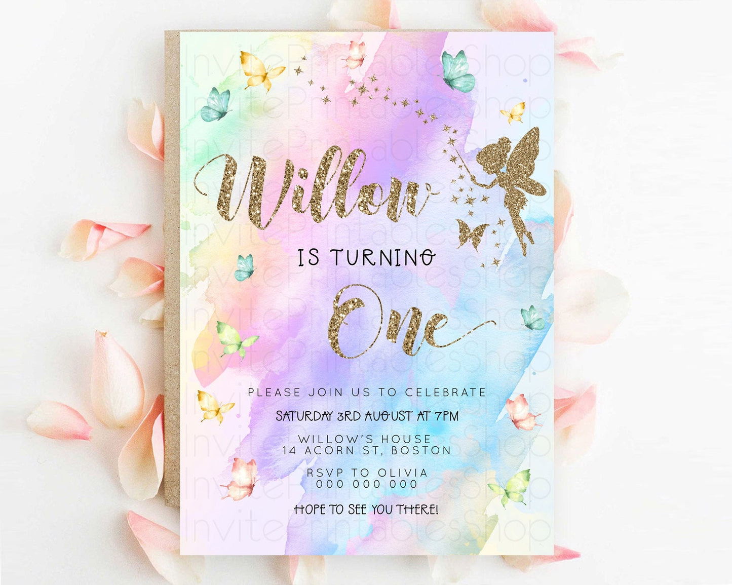 Pastel Fairy Birthday Invitation Pastel Butterflies Fairy Birthday Invitation Rainbow Ombre Watercolor 1st 2nd Birthday Invitation D23342