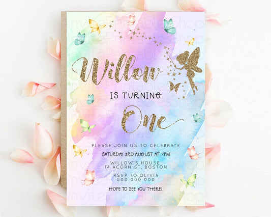 Pastel Fairy Birthday Invitation Pastel Butterflies Fairy Birthday Invitation Rainbow Ombre Watercolor 1st 2nd Birthday Invitation D23342