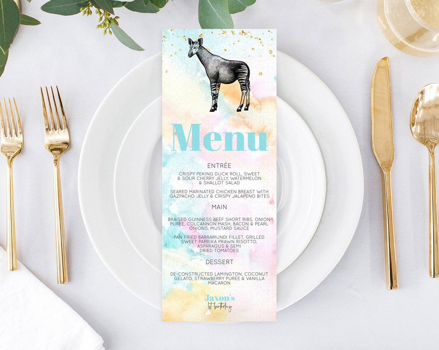 Pastel Okapi Menu Rainbow Okapi Menu Template Rainbow Colorful Safari Adventure Decor Okapi Pastel Dinner Dessert Party Food Menu D10282