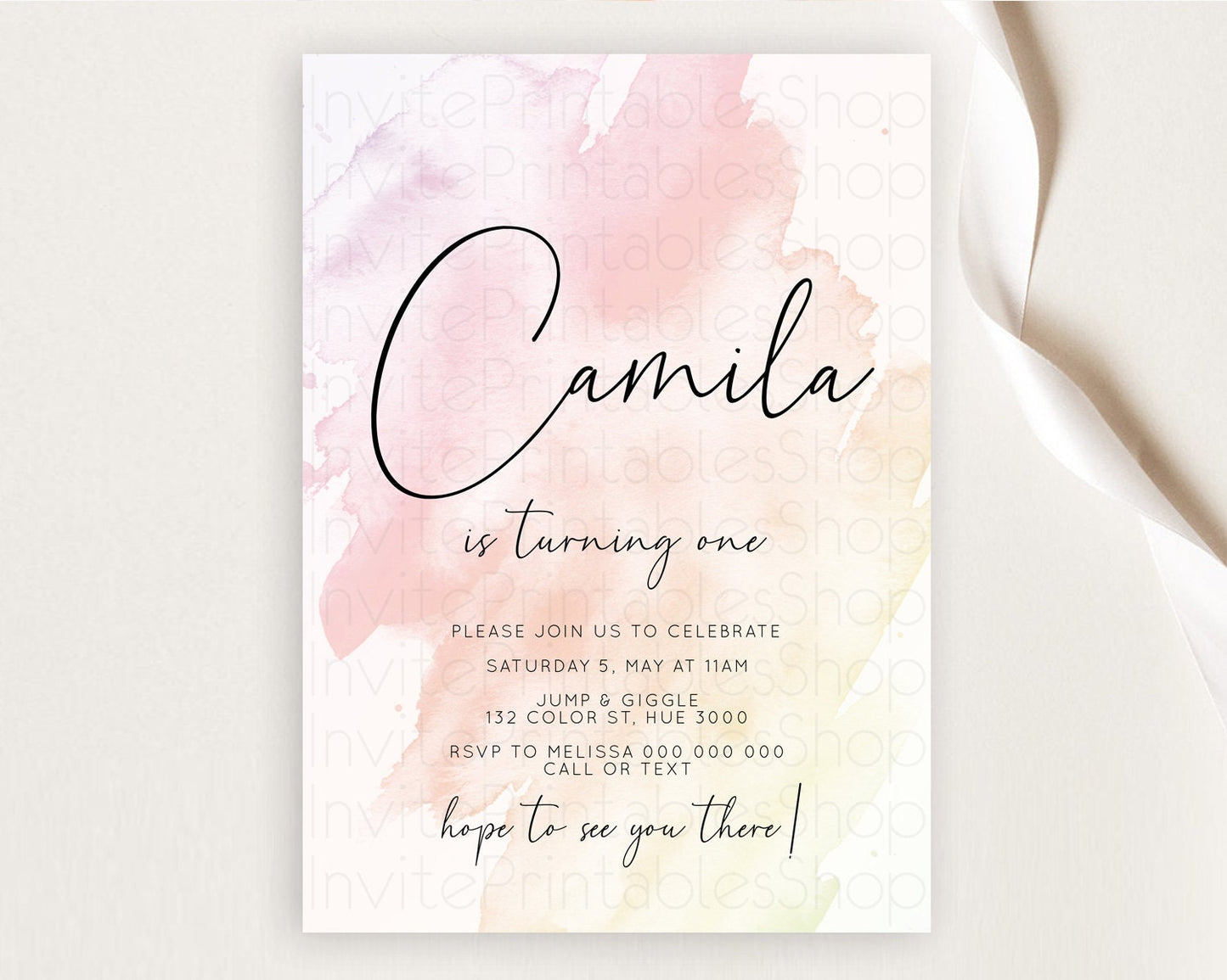 Pink Birthday Invitation pink Watercolor Invitation Pastel pink Watercolor Invitation pink Splash Gold Invitation 1st First Birthday D10164