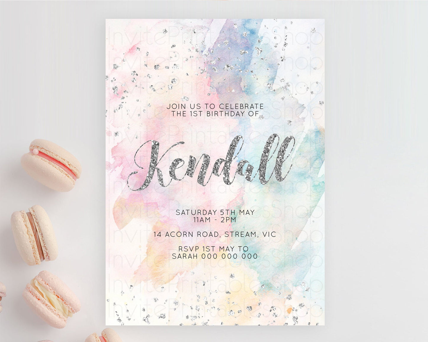Rainbow Birthday Invitation Colorful Pastel Watercolor Silver Glitter Sprinkles Ombre Pastel Invitation 1st 2nd 3rd First Birthday D10944