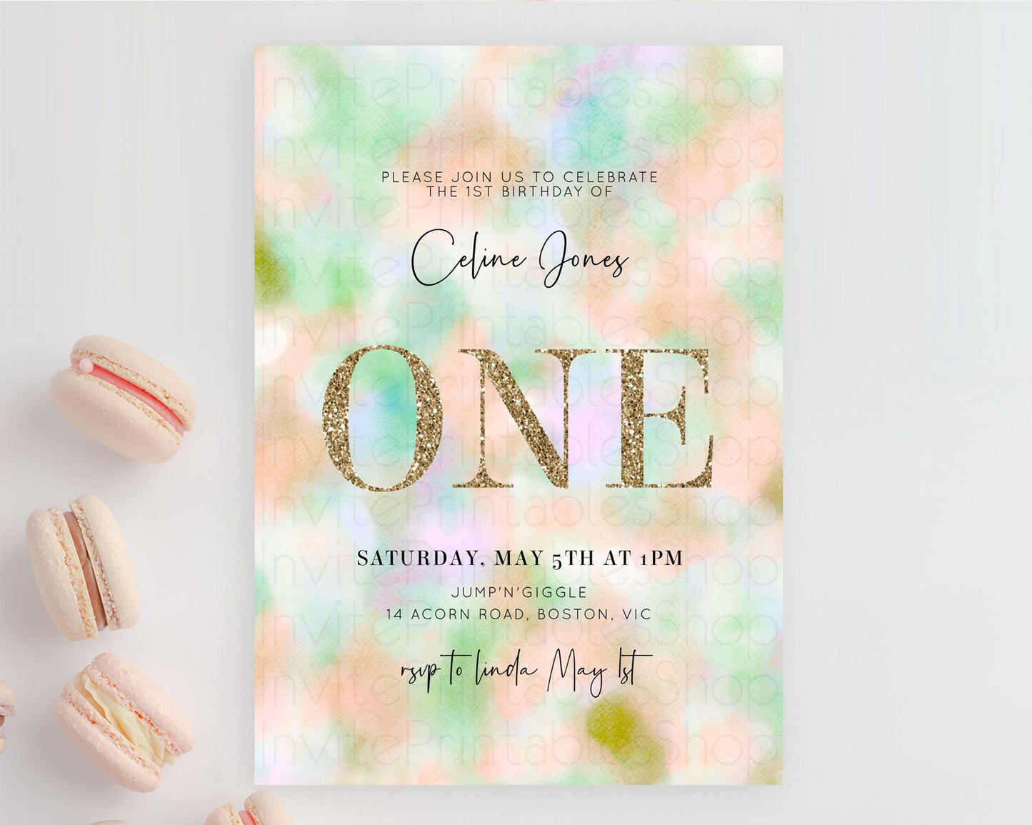 Rainbow Birthday Invitation Colorful Pastel Watercolor Invitation Gold Glitter Sprinkles Ombre Pastel 1st 2nd 3rd Birthday D10693